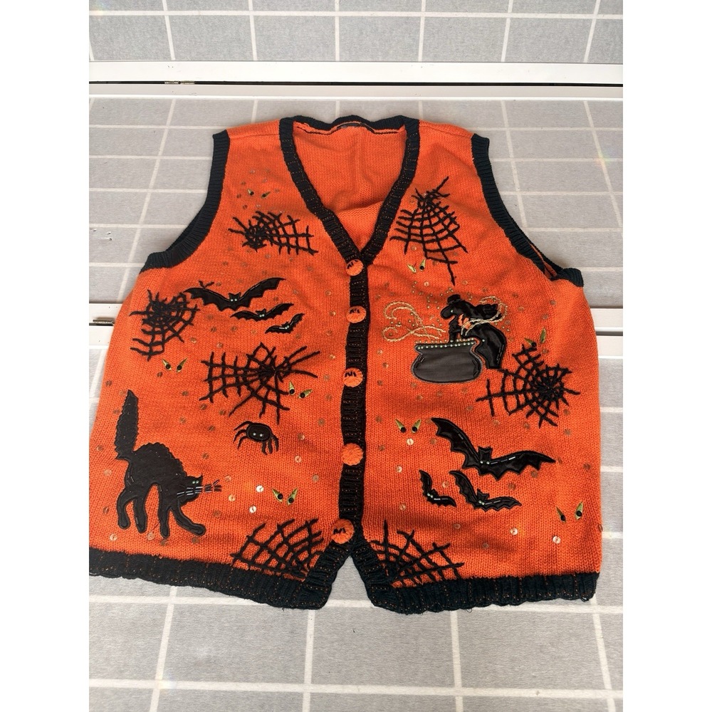 Vintage 90s Holiday Editions Orange Black Knit Halloween Sweater Vest Cat 1X